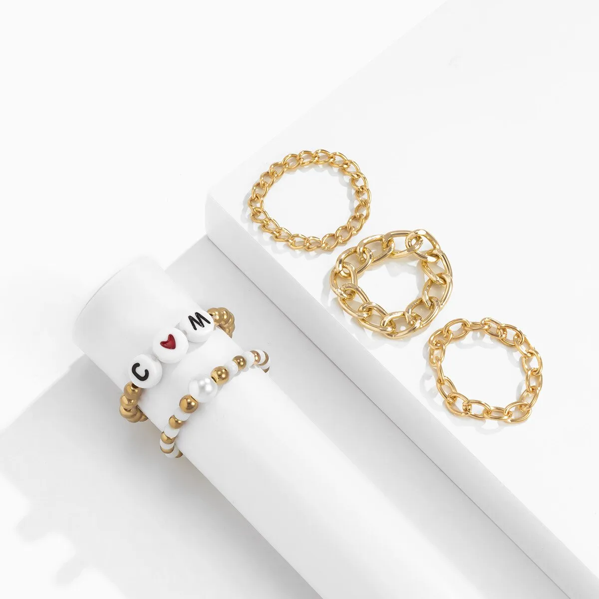 5pcs/set Trendy Geometric Hollow Link Chain Rings Simple Creative Jewelry Acrylic Letter Statement Rings Jewelry For Women Gifts