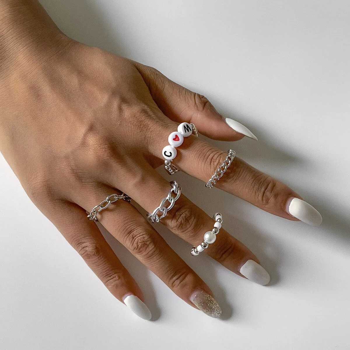 5pcs/set Trendy Geometric Hollow Link Chain Rings Simple Creative Jewelry Acrylic Letter Statement Rings Jewelry For Women Gifts