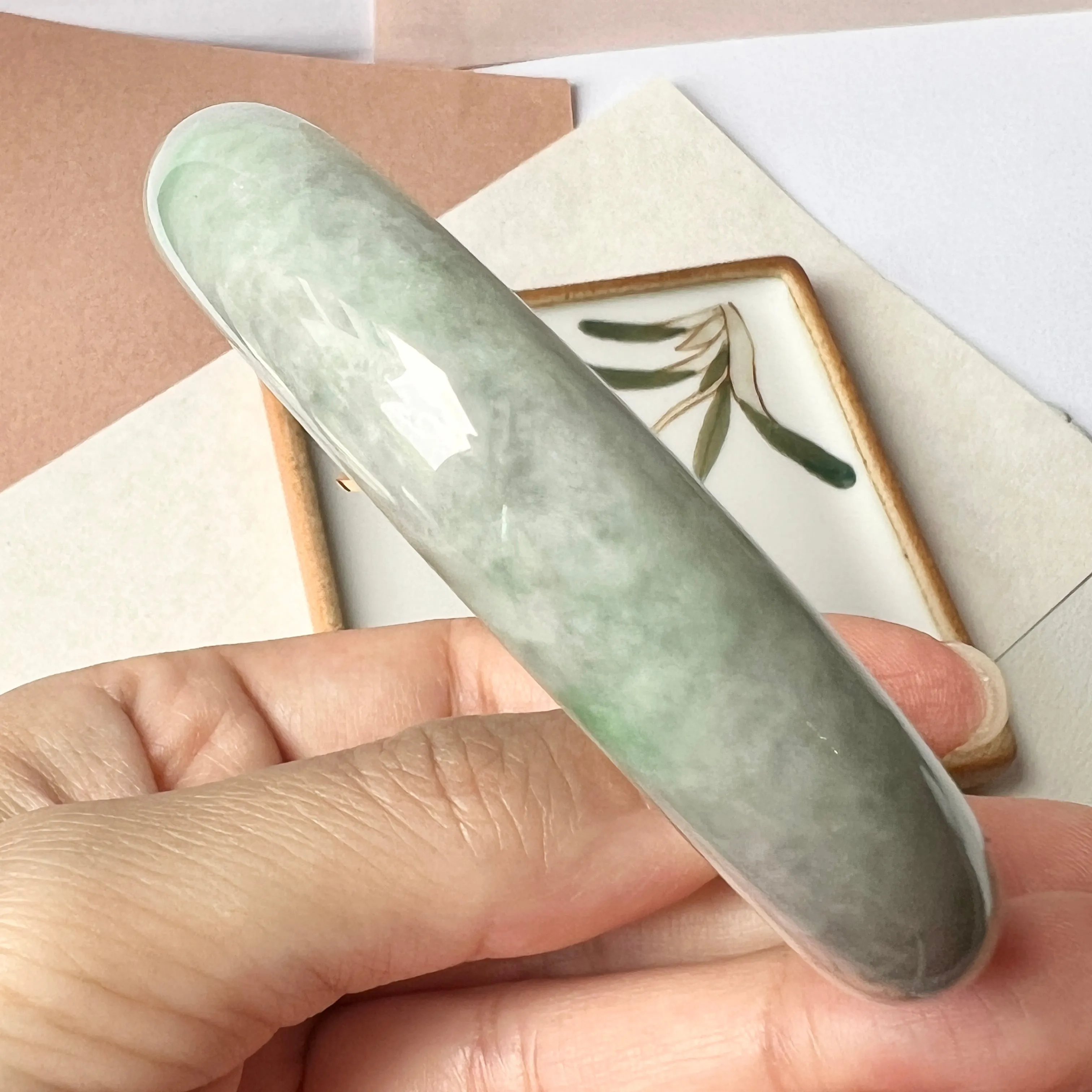 60mm A-Grade Natural Light Green Jadeite Modern Round Bangle No.151977