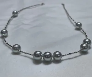 9.0-9.5mm Baroque Silver Blue Akoya Pearl Statement Gold Link Necklace