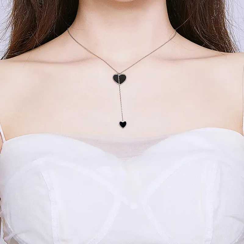 925 Sterling Silver Double Black Heart Pendant Necklace for Women Simple Black Enamel Y-shape Chain Necklace