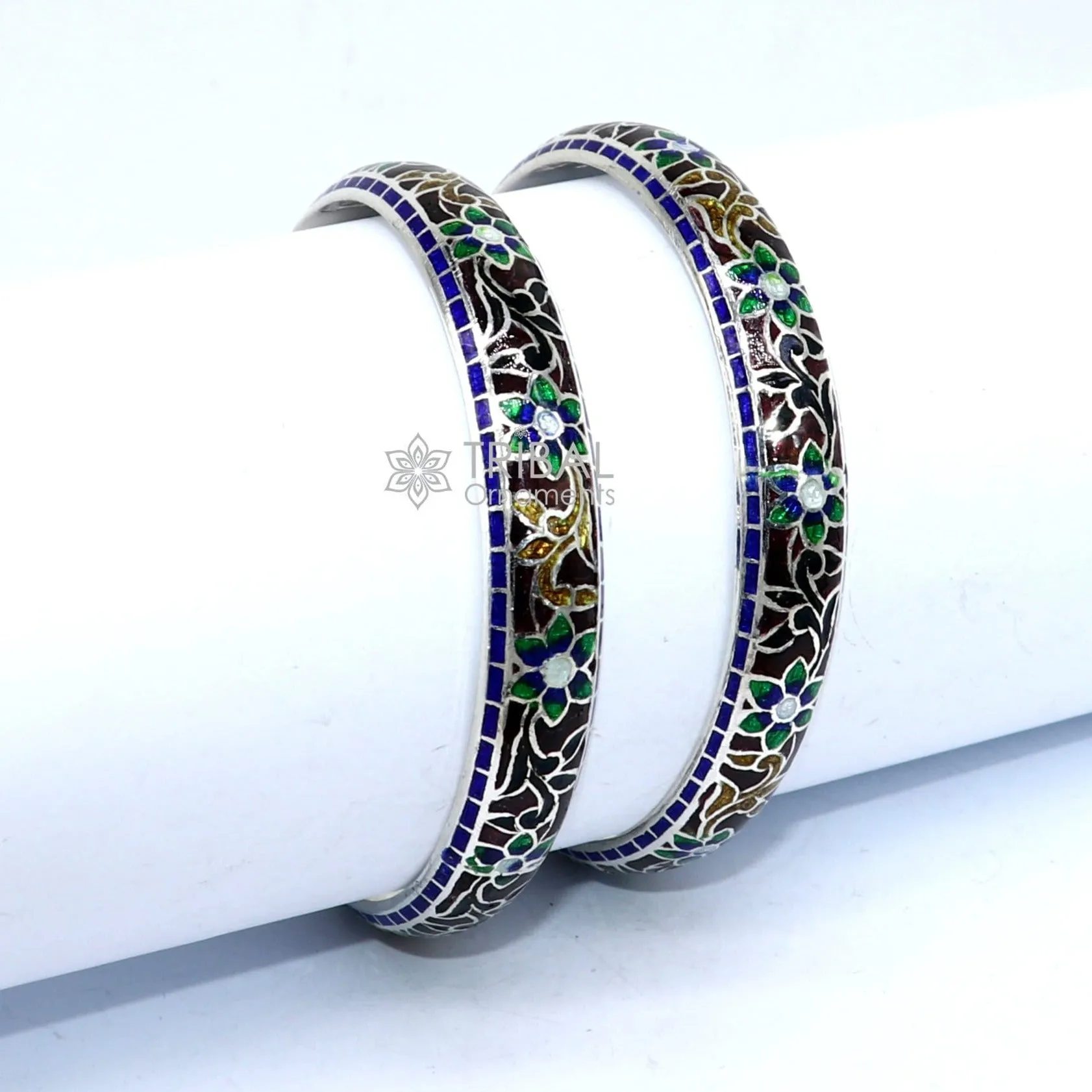 925 Sterling silver handmade amazing meenakari (color enamel )bangle bracelet floral design Cultral trendy style jewelry from india nba358