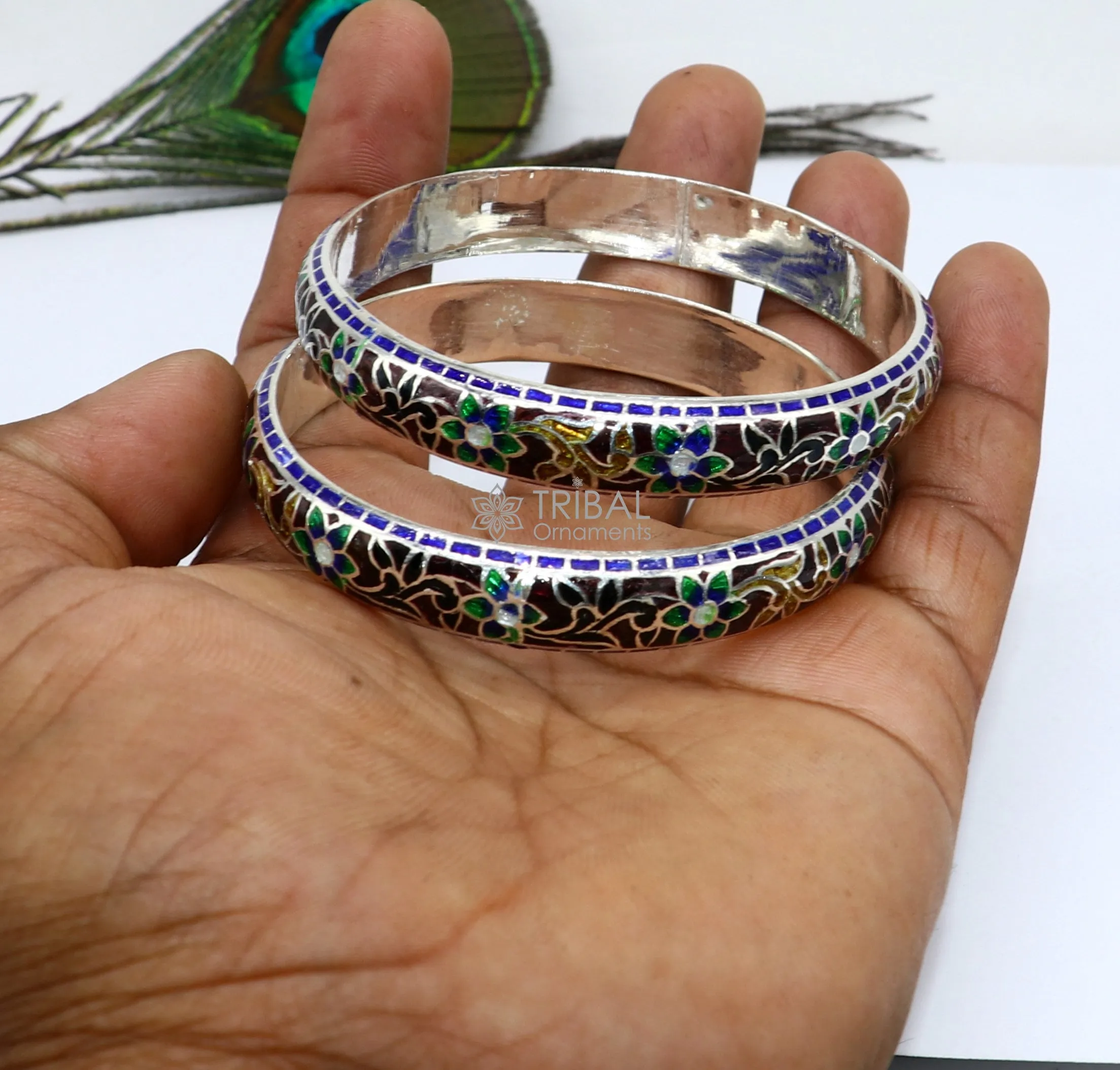 925 Sterling silver handmade amazing meenakari (color enamel )bangle bracelet floral design Cultral trendy style jewelry from india nba358