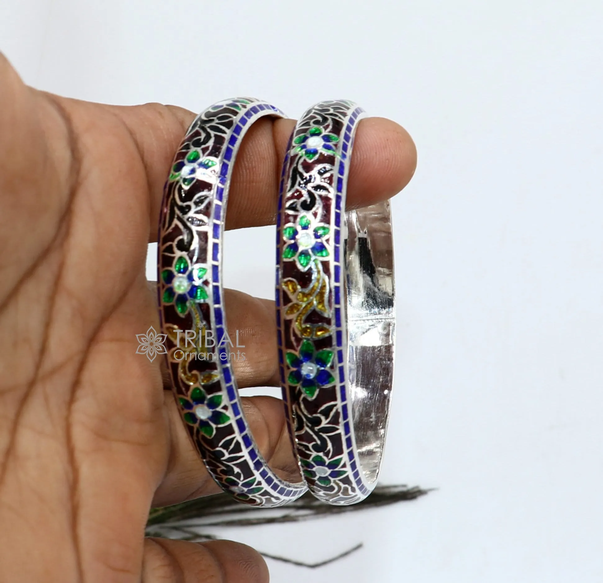 925 Sterling silver handmade amazing meenakari (color enamel )bangle bracelet floral design Cultral trendy style jewelry from india nba358