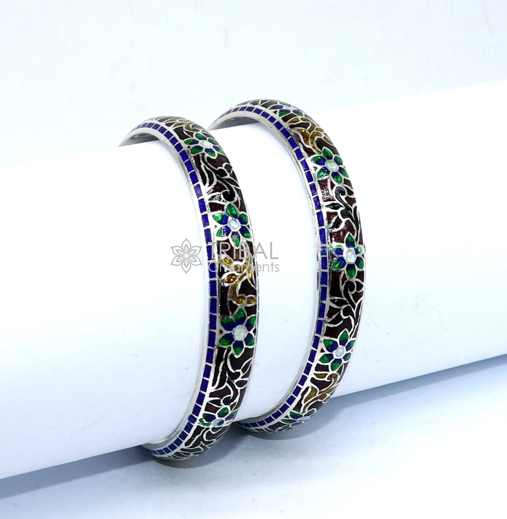 925 Sterling silver handmade amazing meenakari (color enamel )bangle bracelet floral design Cultral trendy style jewelry from india nba358
