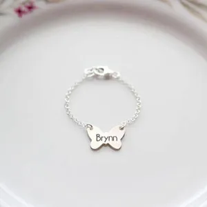 925 Sterling Silver Personalized  Butterfly Baby Engraved Bracelet -White Gold Plated