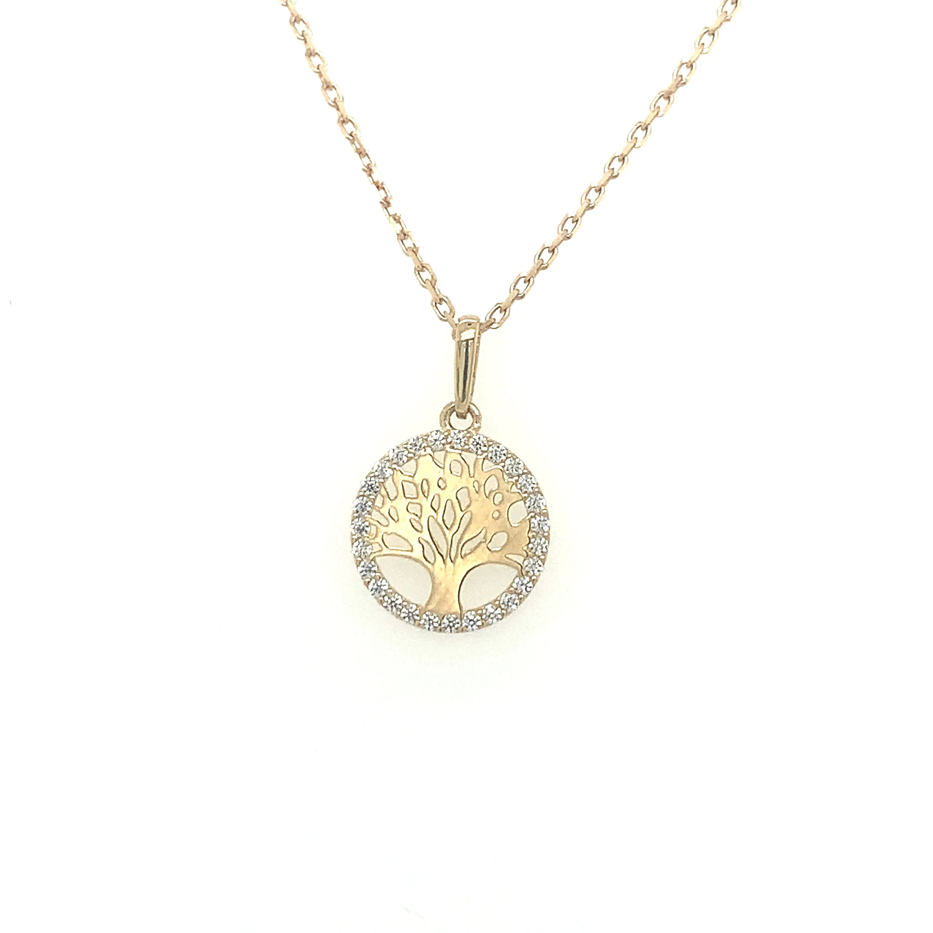 9ct Yellow Gold Tree of Life Pendant with CZ Rim