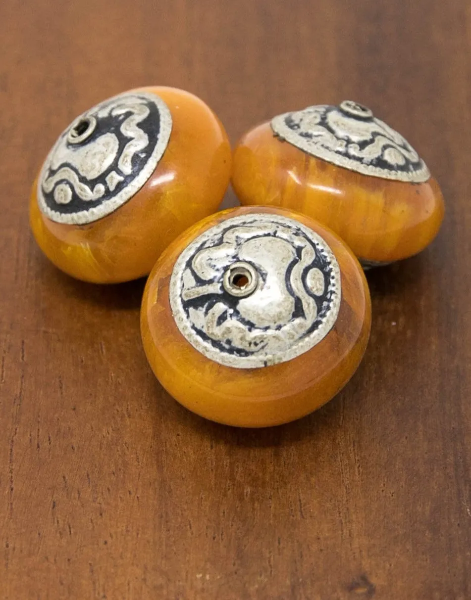 Amber Saucer Tibetan Inlaid Beads - A11