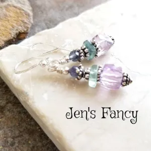 Amethyst & Fluorite Earrings Sterling Silver, Unique Handcrafted Gemstone Jewelry