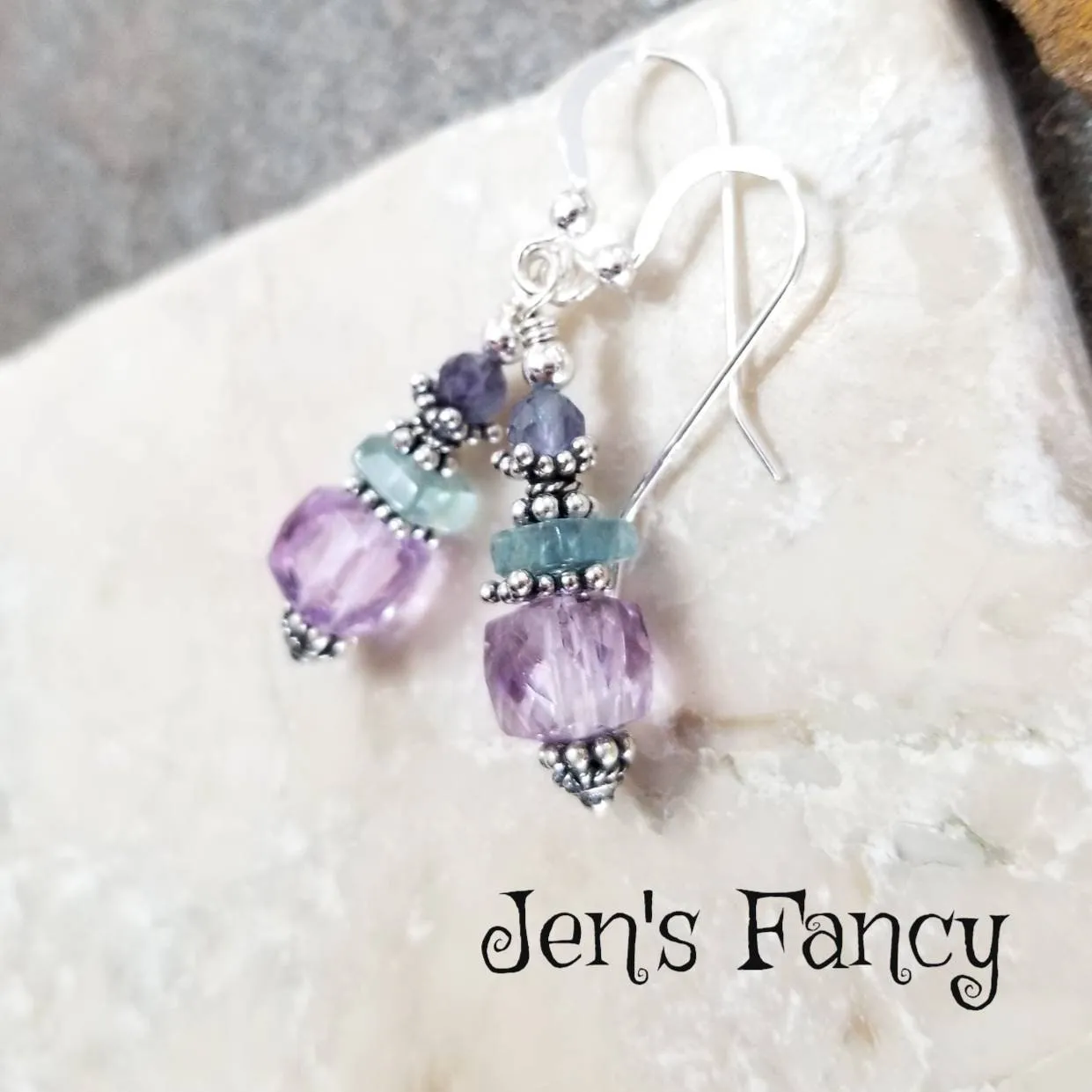 Amethyst & Fluorite Earrings Sterling Silver, Unique Handcrafted Gemstone Jewelry