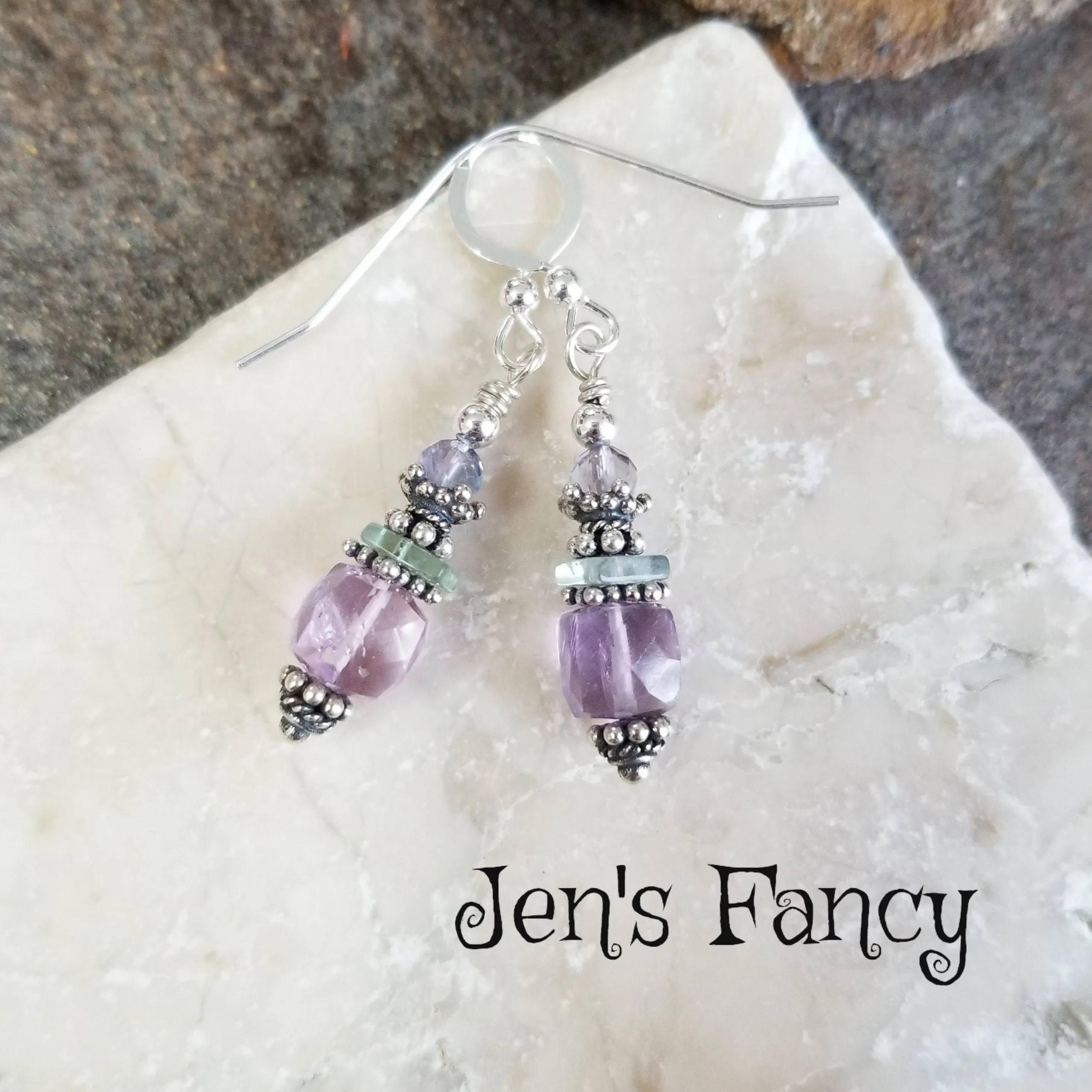 Amethyst & Fluorite Earrings Sterling Silver, Unique Handcrafted Gemstone Jewelry