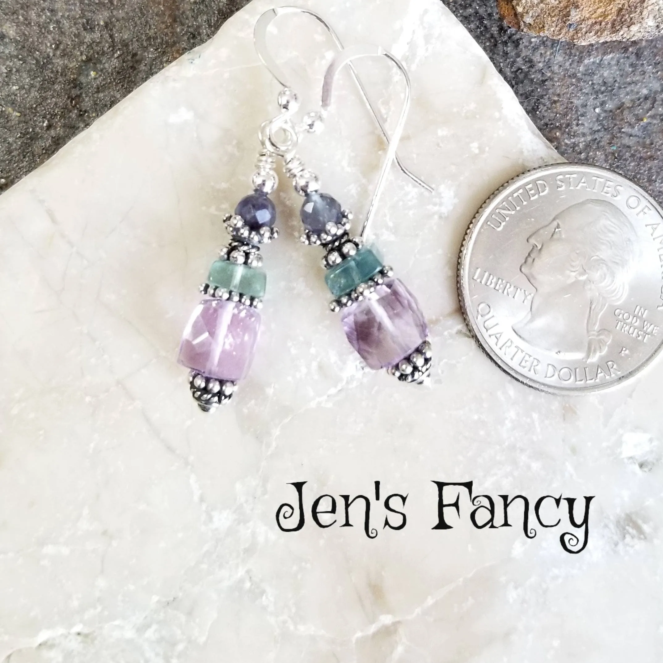 Amethyst & Fluorite Earrings Sterling Silver, Unique Handcrafted Gemstone Jewelry