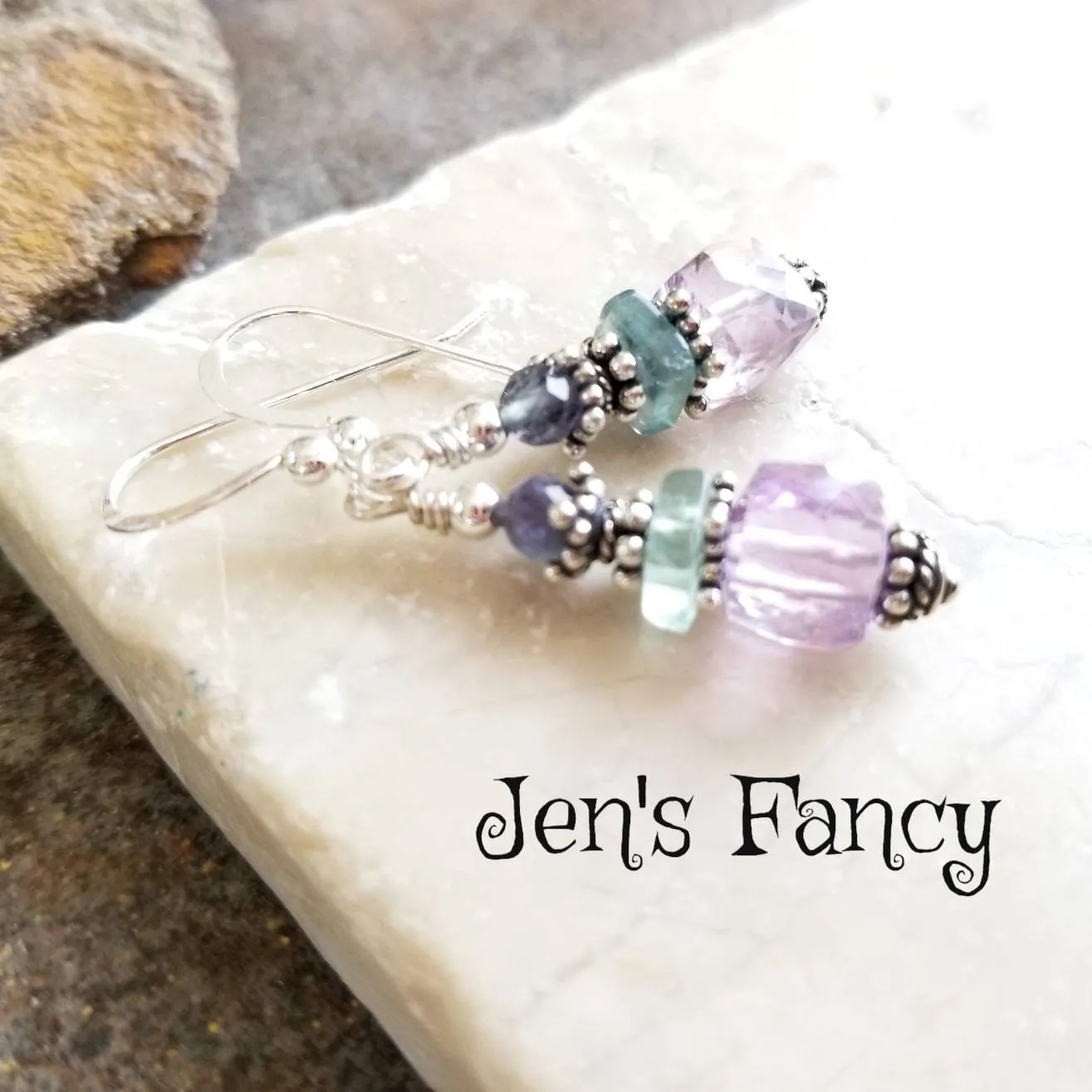 Amethyst & Fluorite Earrings Sterling Silver, Unique Handcrafted Gemstone Jewelry