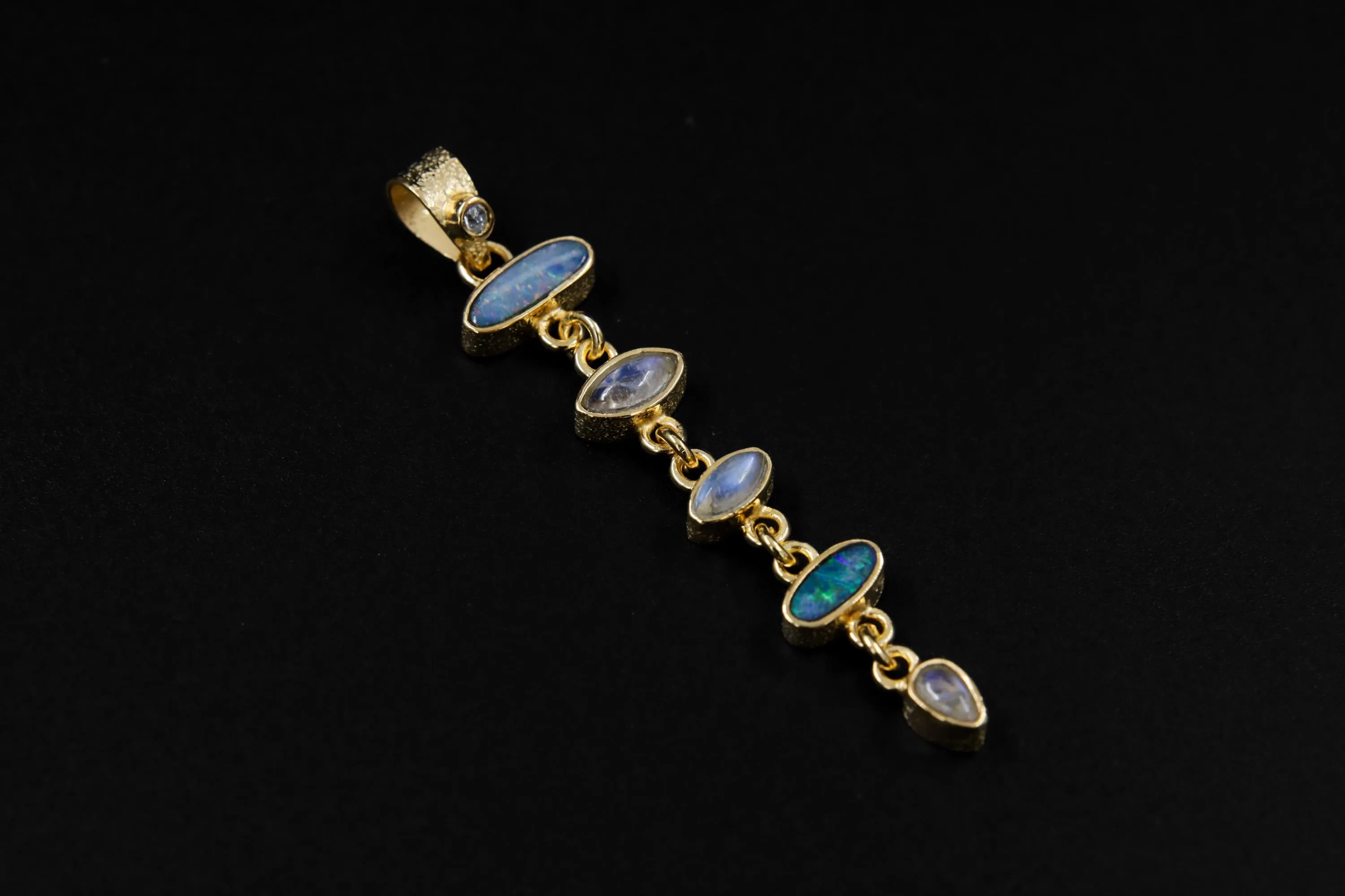 Australian Opal Doublet & Blue Moonstone Pendant With White Zircon, 18k Gold-Plated Sterling Silver, Crystal Necklace, Unique Gift