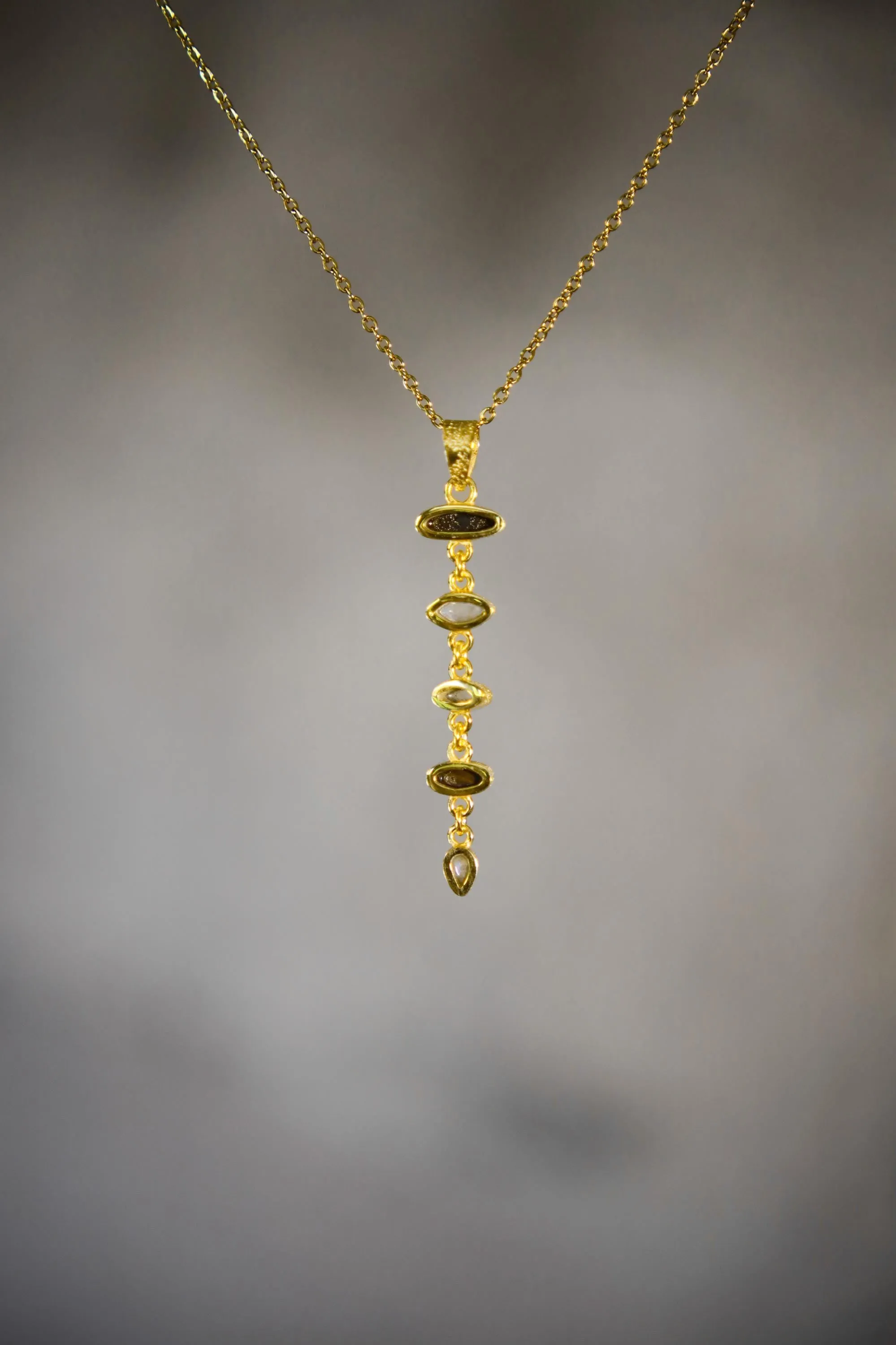 Australian Opal Doublet & Blue Moonstone Pendant With White Zircon, 18k Gold-Plated Sterling Silver, Crystal Necklace, Unique Gift