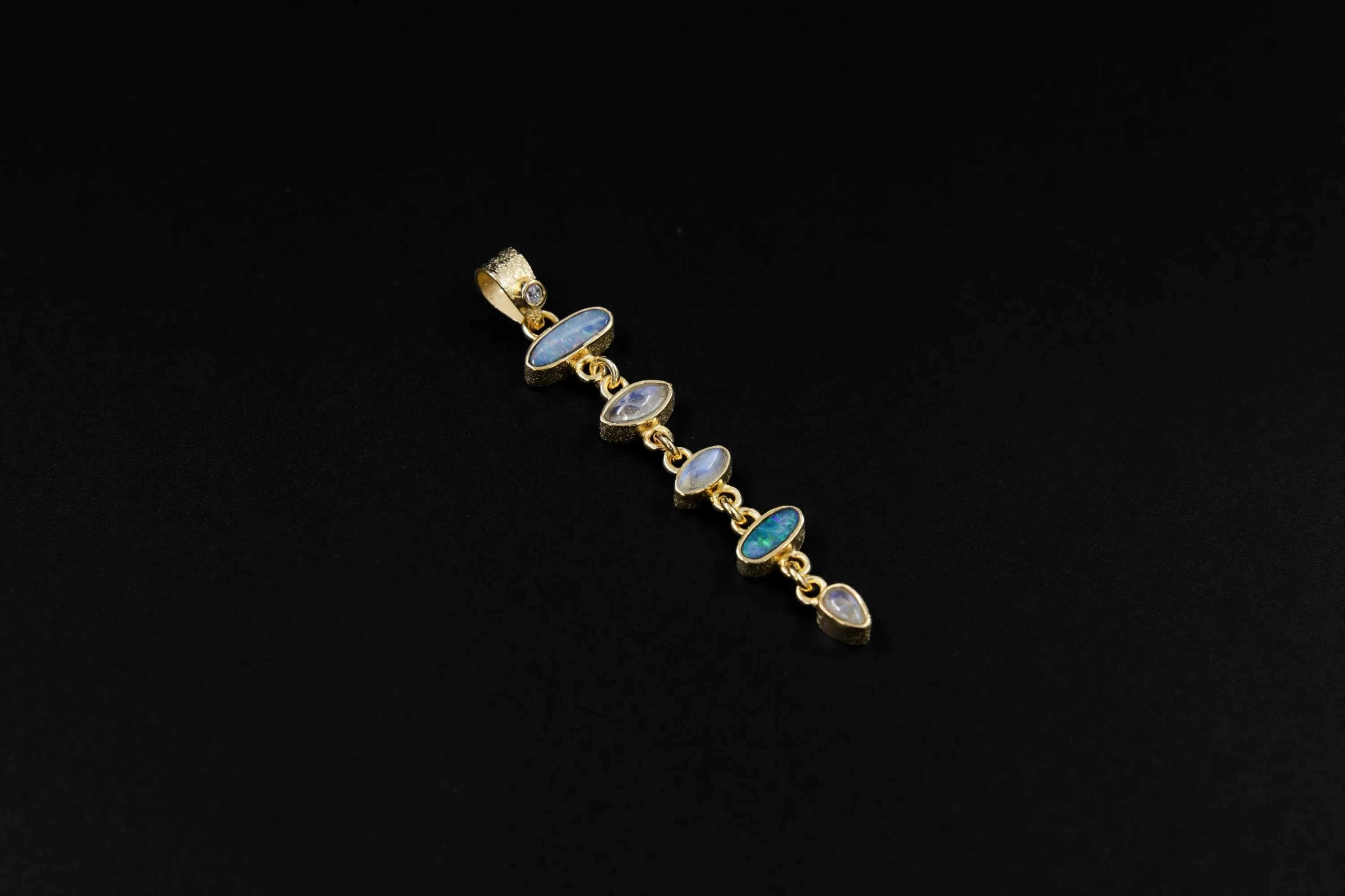 Australian Opal Doublet & Blue Moonstone Pendant With White Zircon, 18k Gold-Plated Sterling Silver, Crystal Necklace, Unique Gift