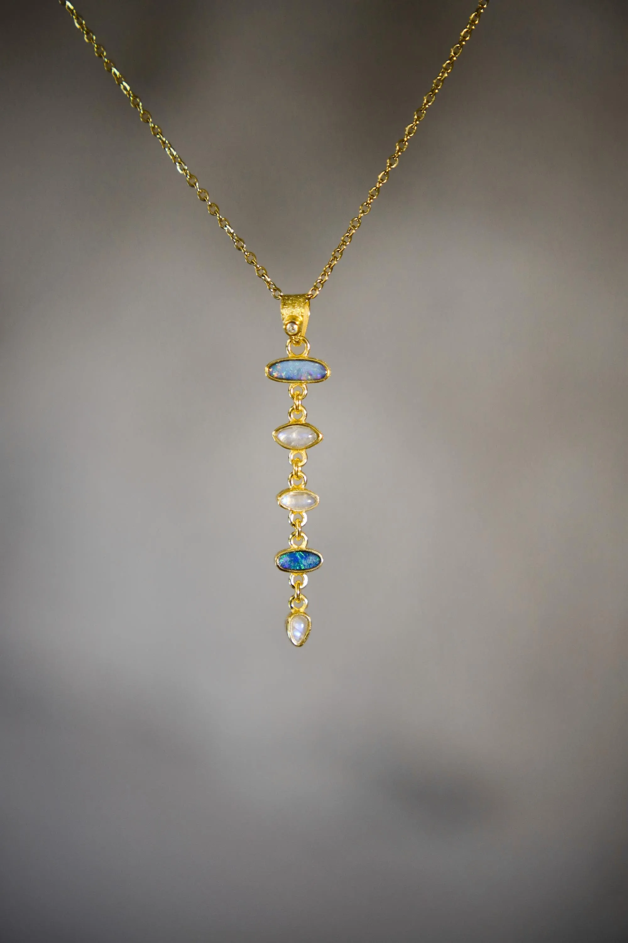 Australian Opal Doublet & Blue Moonstone Pendant With White Zircon, 18k Gold-Plated Sterling Silver, Crystal Necklace, Unique Gift