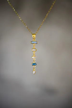 Australian Opal Doublet & Blue Moonstone Pendant With White Zircon, 18k Gold-Plated Sterling Silver, Crystal Necklace, Unique Gift