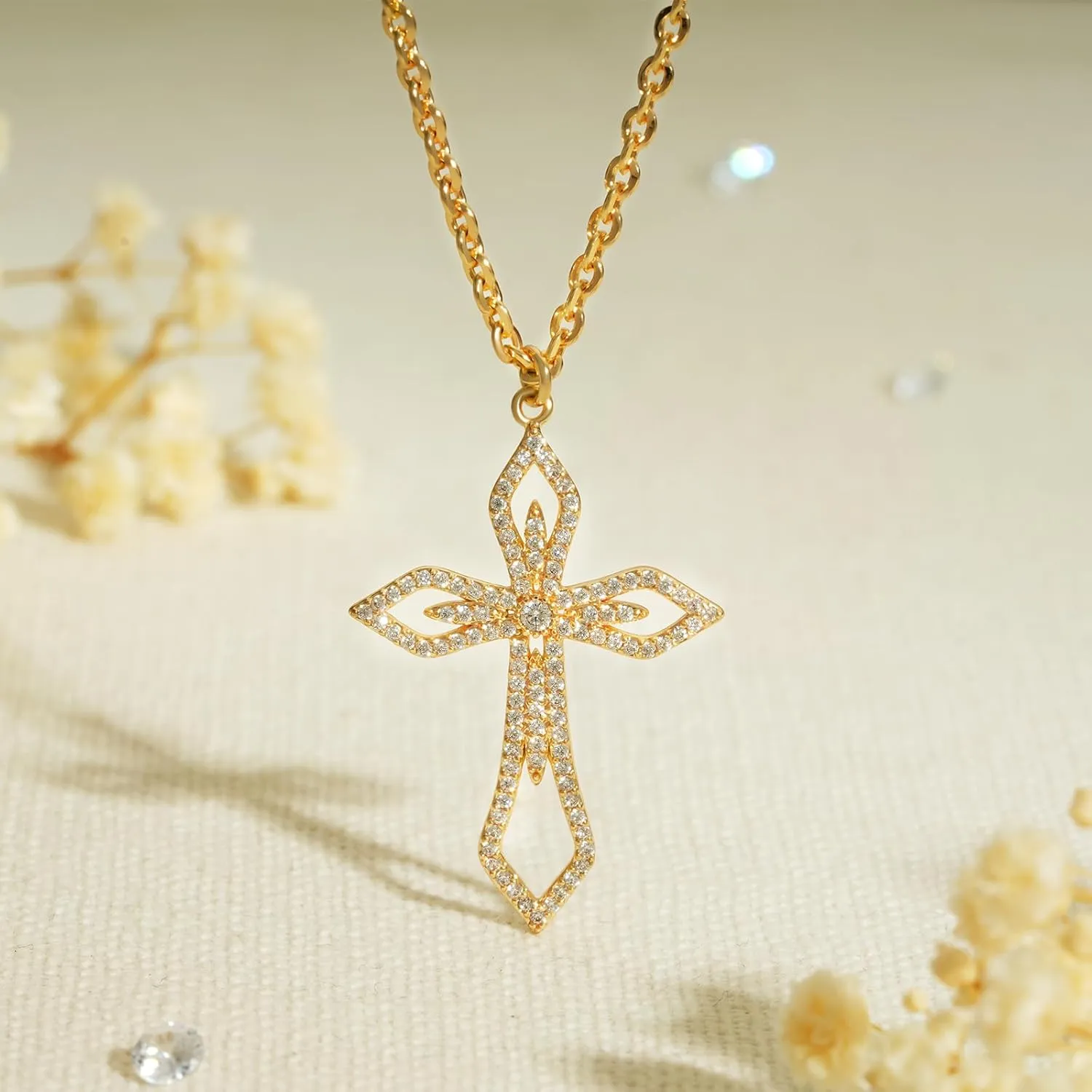 BENEIGE Gold Cross Necklace 14K Gold Plated Dainty Simple Cubic Zircon Chain Celtic Cross Pendant Necklace Jewelry for Women Men