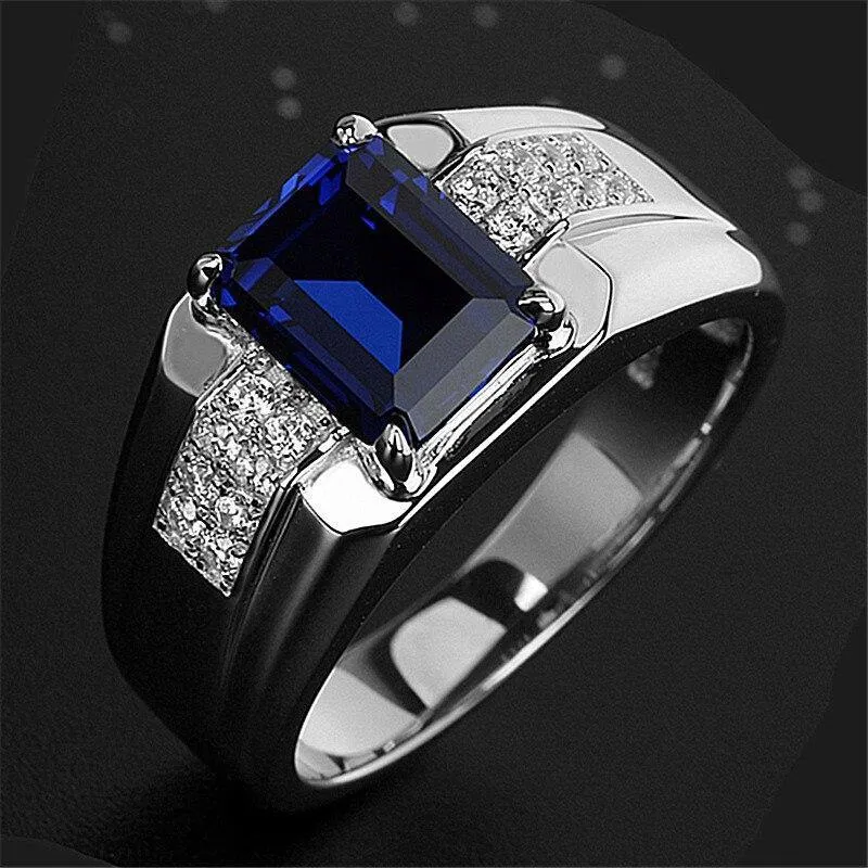 Blue Green Crystal Silver Color Men's Ring