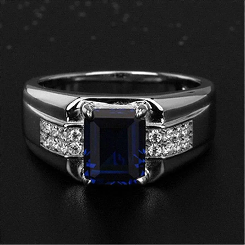 Blue Green Crystal Silver Color Men's Ring