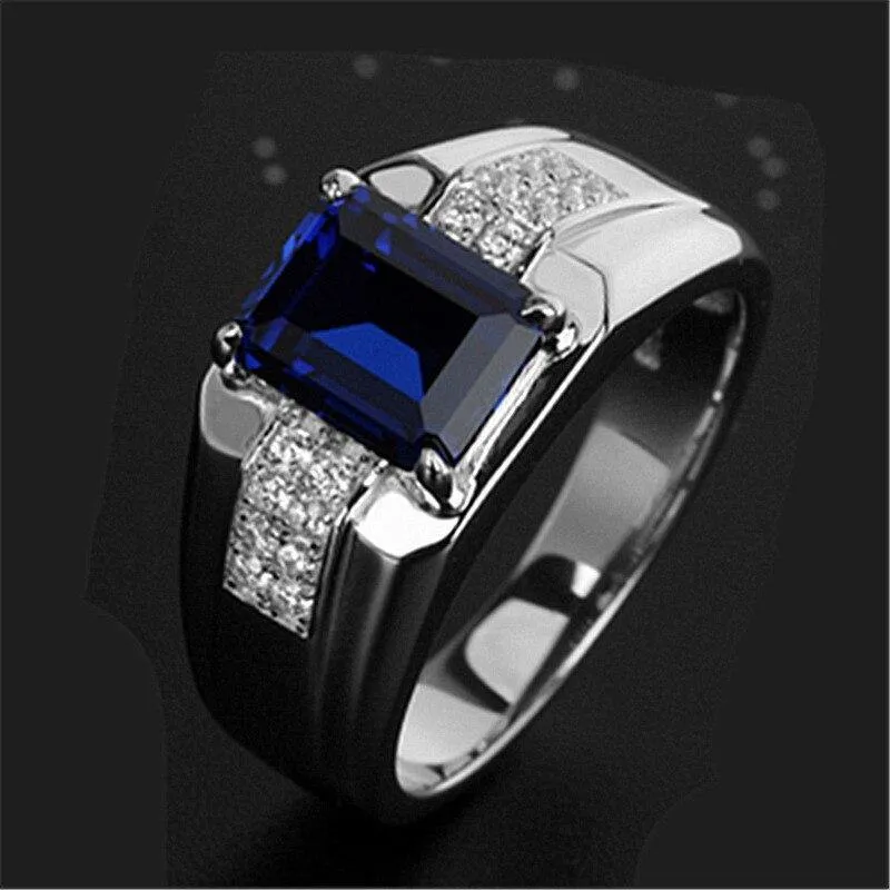 Blue Green Crystal Silver Color Men's Ring