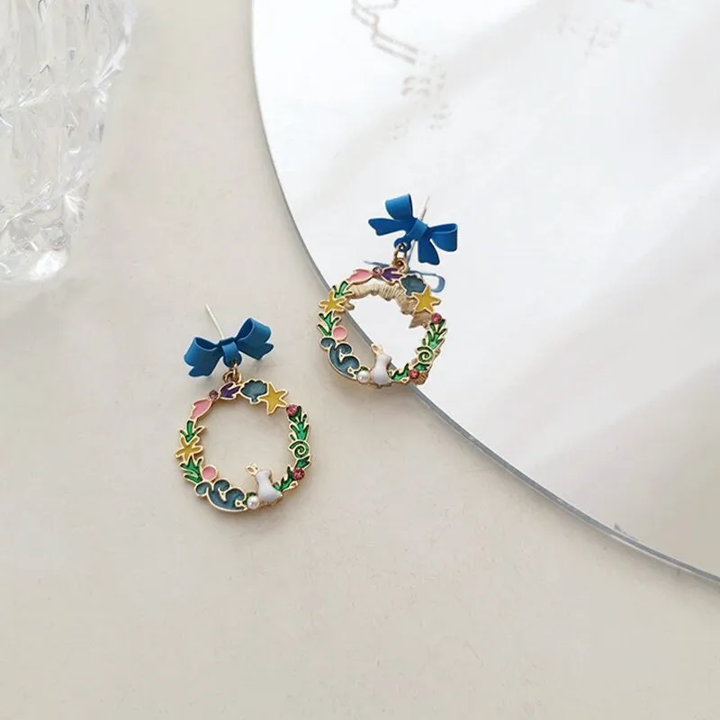Blue Ribbon, Star and Rabbit Dangle Earrings