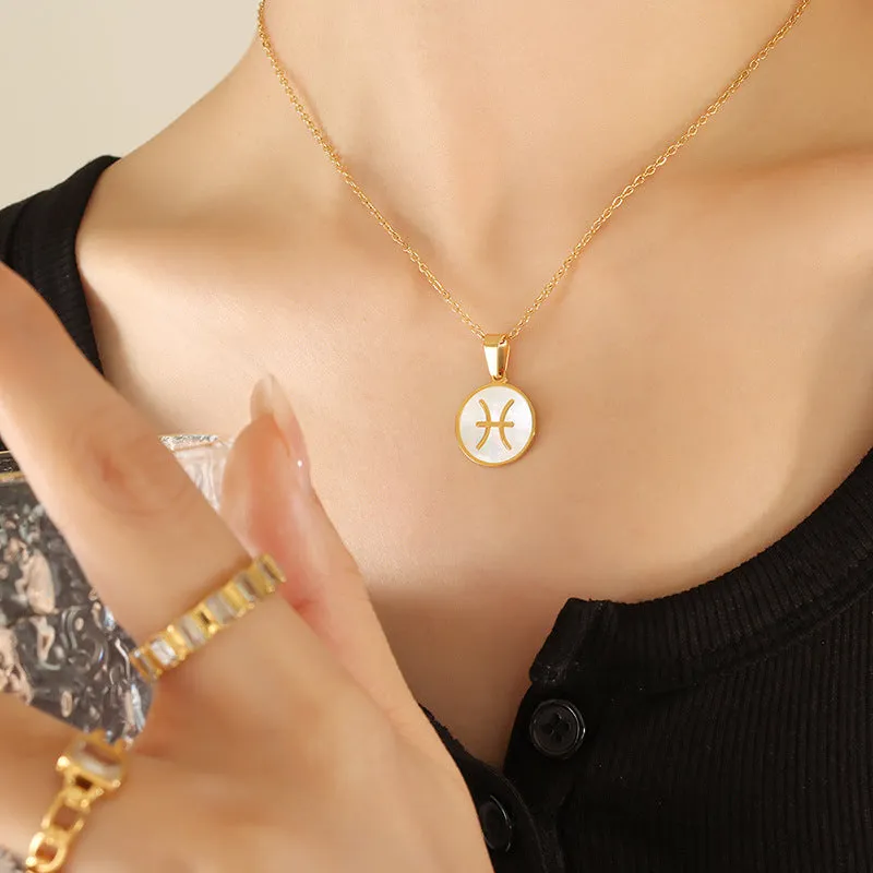 Celestial Zodiac Necklace Set with White Sea Shell Pendant - Titanium Steel Gold Plated Women's Jewelry
