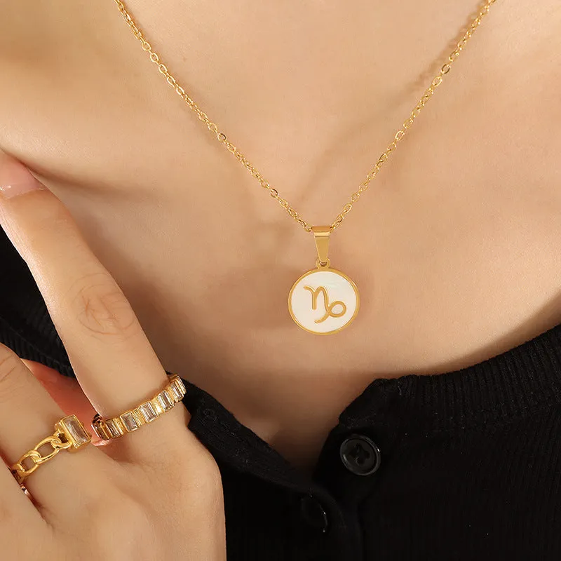 Celestial Zodiac Necklace Set with White Sea Shell Pendant - Titanium Steel Gold Plated Women's Jewelry