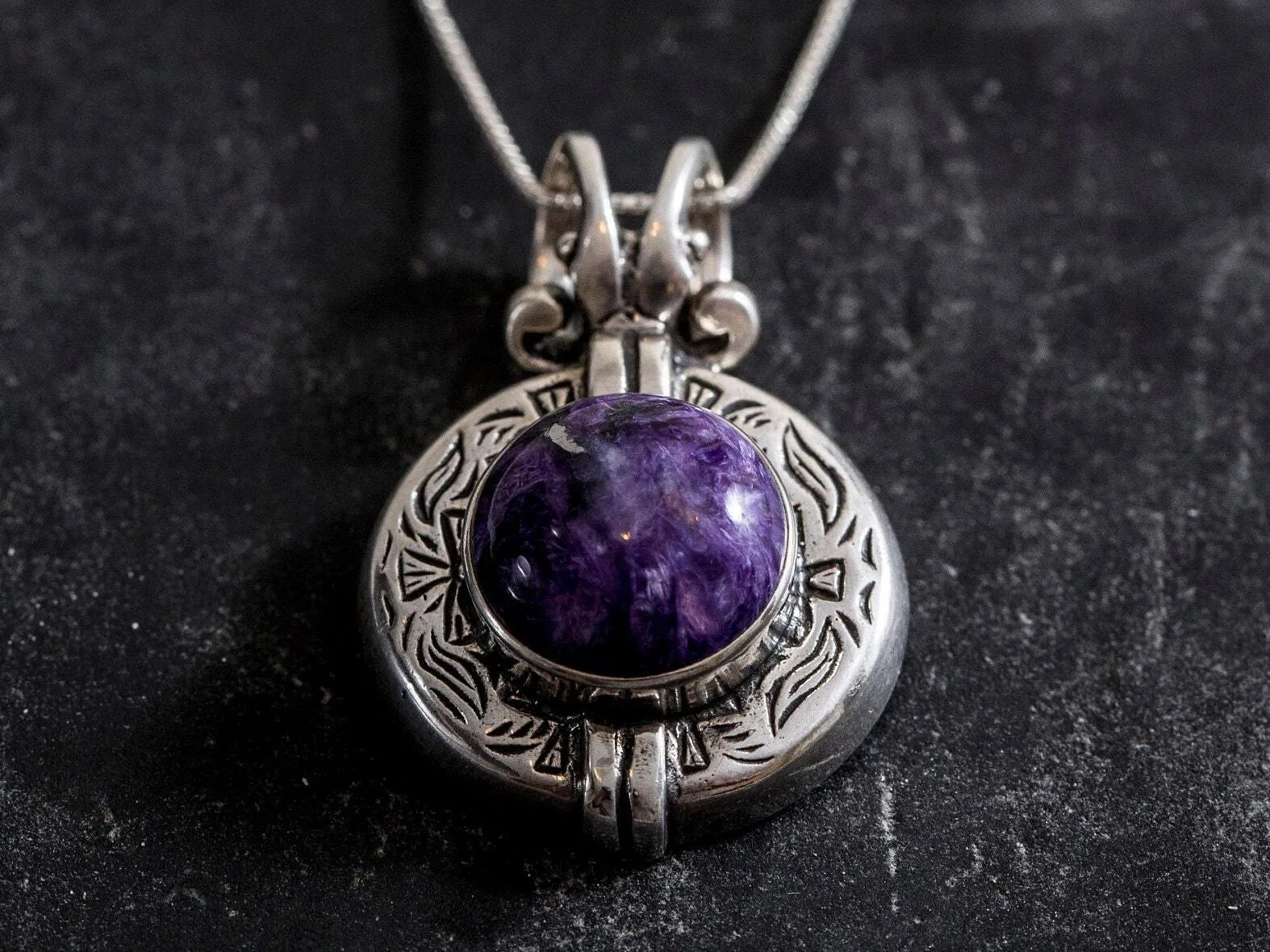 Charoite Necklace - Large Egyptian Necklace - Purple Vintage Pendant
