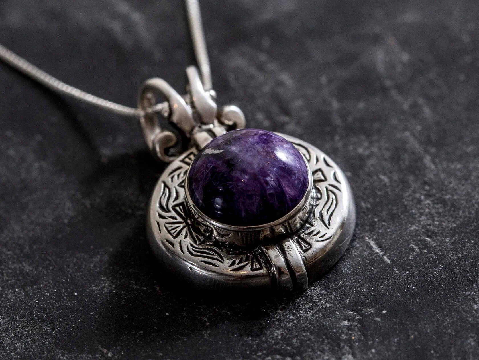 Charoite Necklace - Large Egyptian Necklace - Purple Vintage Pendant