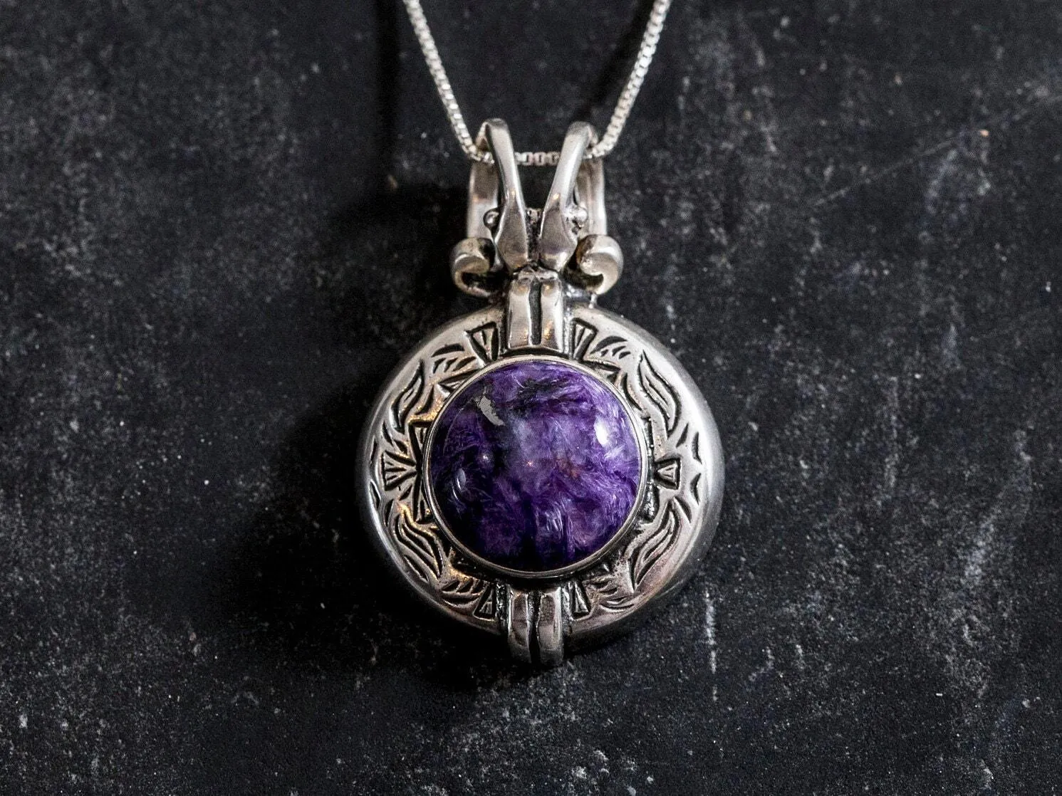 Charoite Necklace - Large Egyptian Necklace - Purple Vintage Pendant