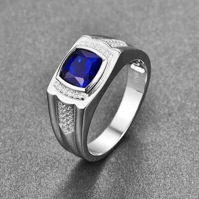 Classic Blue Sapphire Silver Wedding Ring For Men