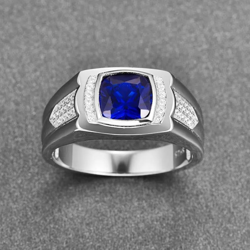 Classic Blue Sapphire Silver Wedding Ring For Men