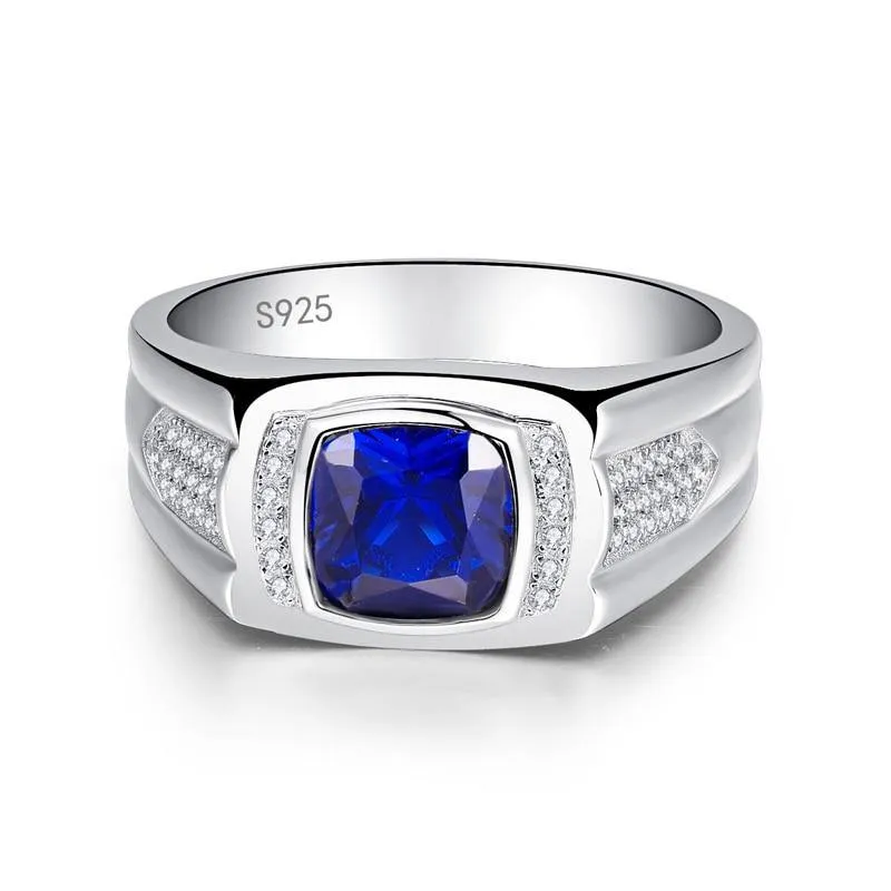 Classic Blue Sapphire Silver Wedding Ring For Men