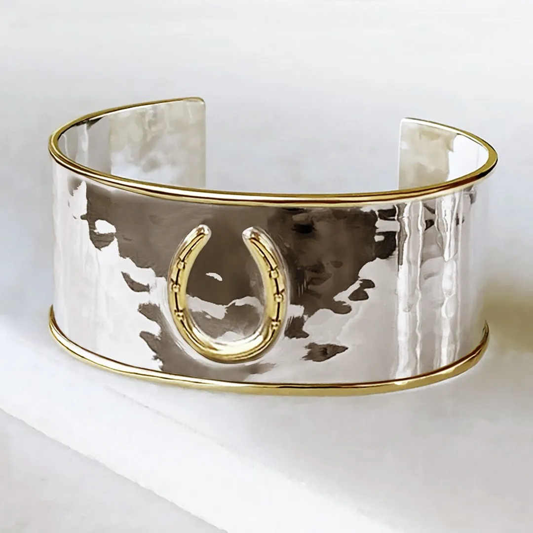 Cody - Hammered Sterling Silver on Brass Horseshoe Wrist Cuff Bracelet