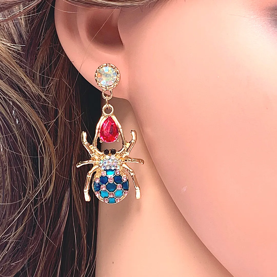 Colorful Rhinestone Spider Earrings