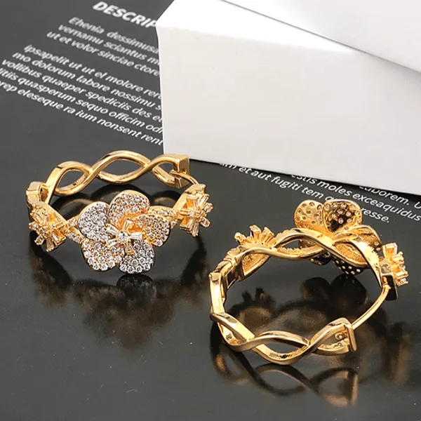 CZ Cubic Zirconia Pave Flower Gold Hoop Earrings