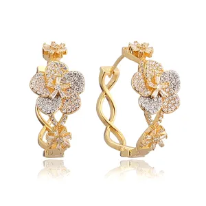 CZ Cubic Zirconia Pave Flower Gold Hoop Earrings