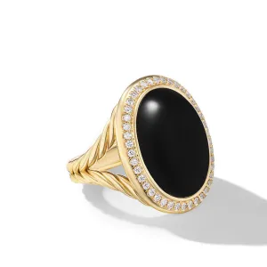 David Yurman Albion Oval 18K Yellow Gold with Black Onyx and Diamonds 21mm Ring - Size 7