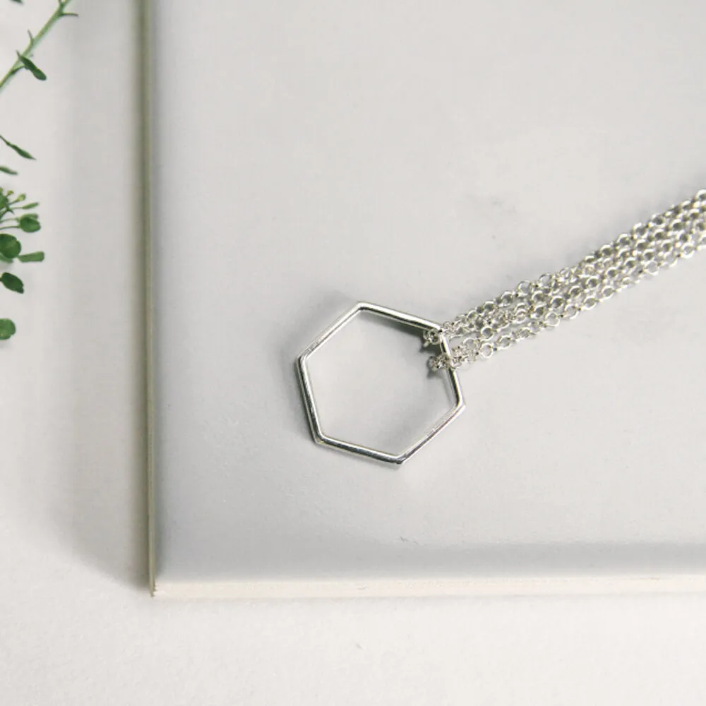 Double Chain Hexagon Necklace Silver