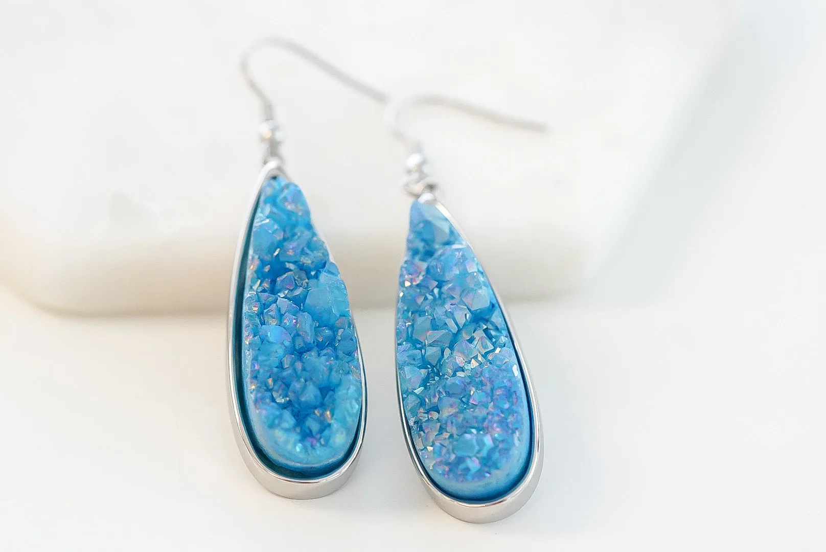 Druzy Collection - Silver Azure Quartz Drop Earrings (Unique)