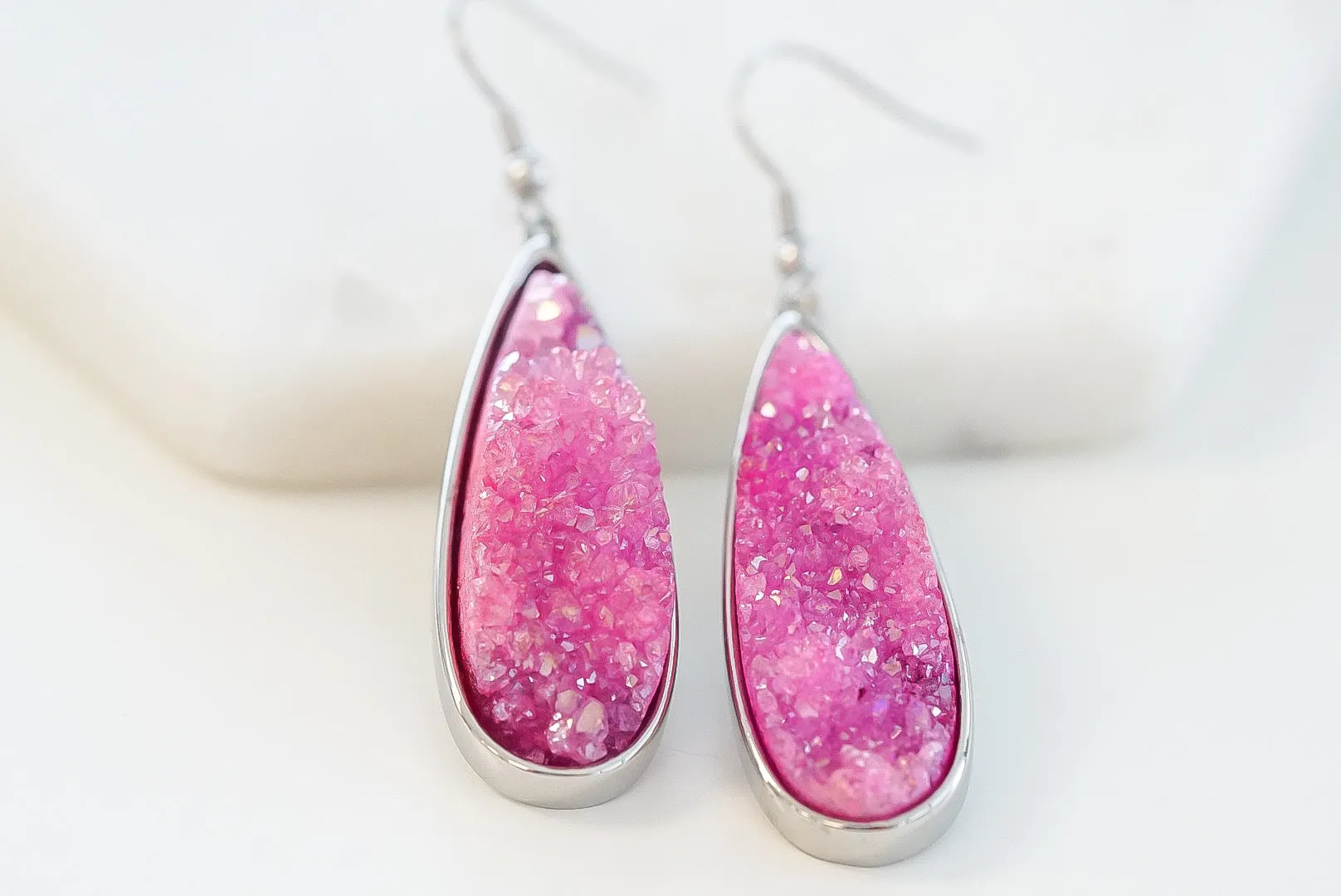 Druzy Collection - Silver Blush Quartz Drop Earrings (Unique)