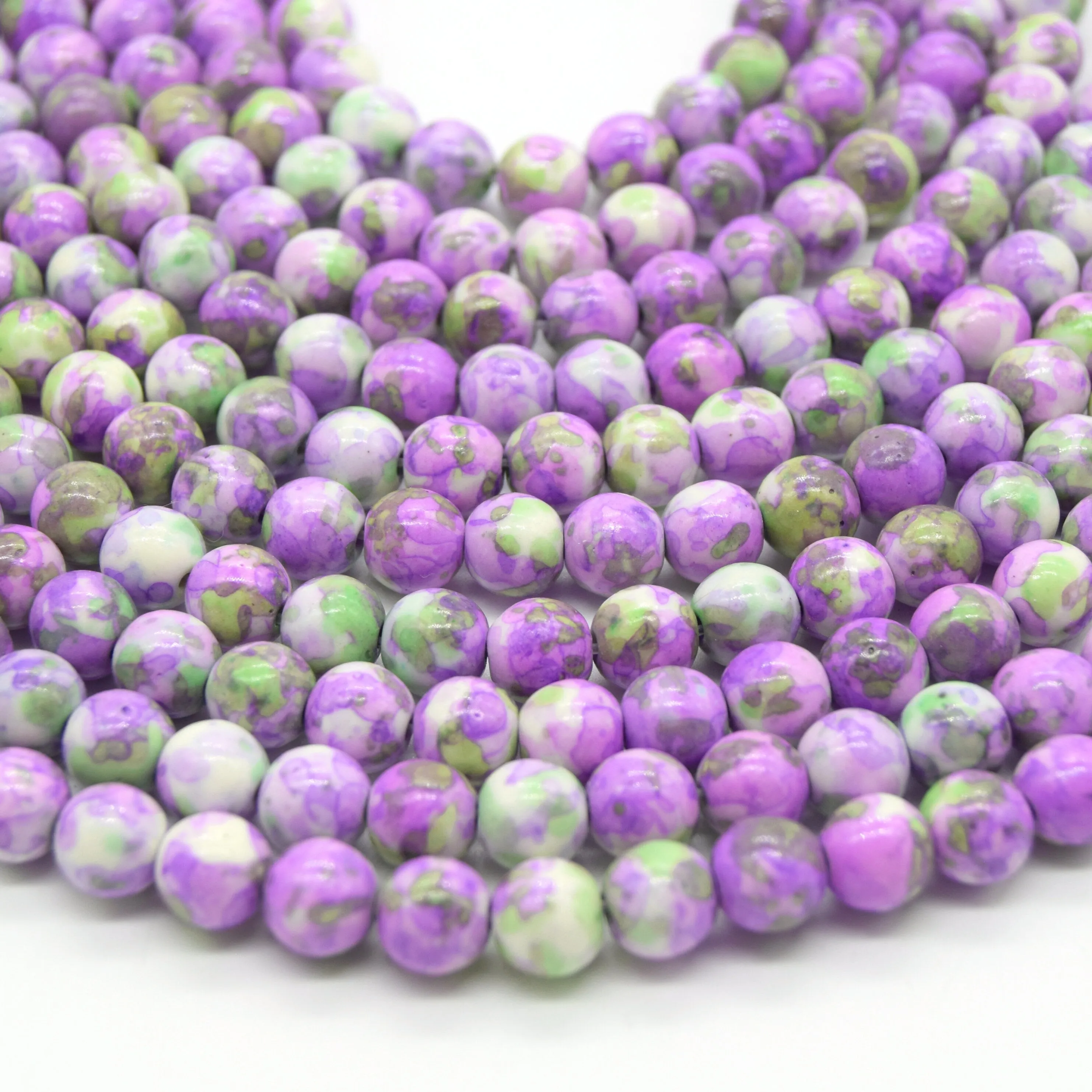 Dyed Mottled Jade Beads | Dyed Light Purple Green and White Round Gemstone Beads - 8mm 10mm 12mm Available