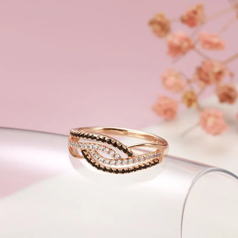 Elegant Geometric Staggered Texture Double White Black Zircon Women's Rings