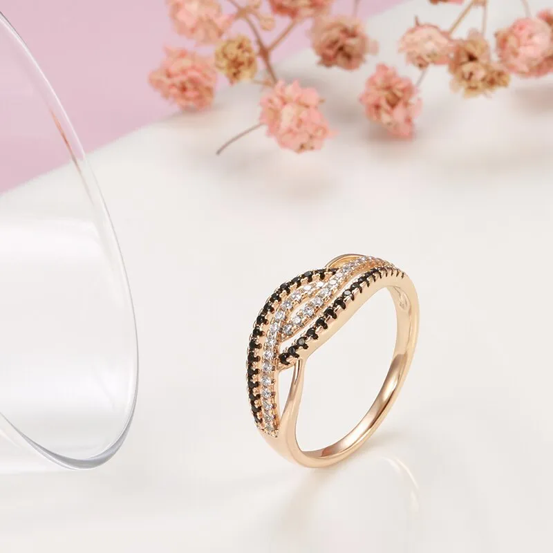 Elegant Geometric Staggered Texture Double White Black Zircon Women's Rings