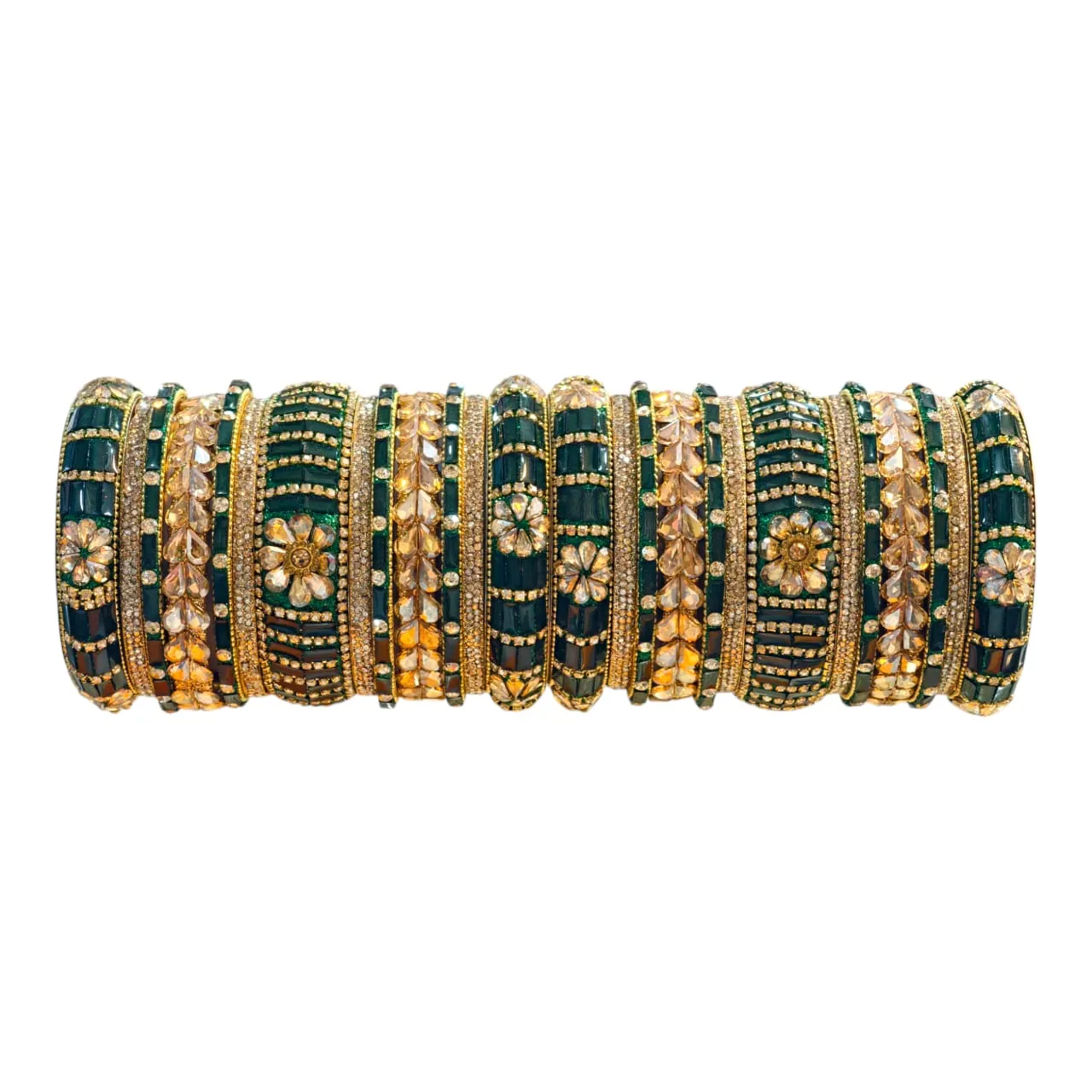 Elegant Green Gold Stone Bangles Set – 26 Pcs