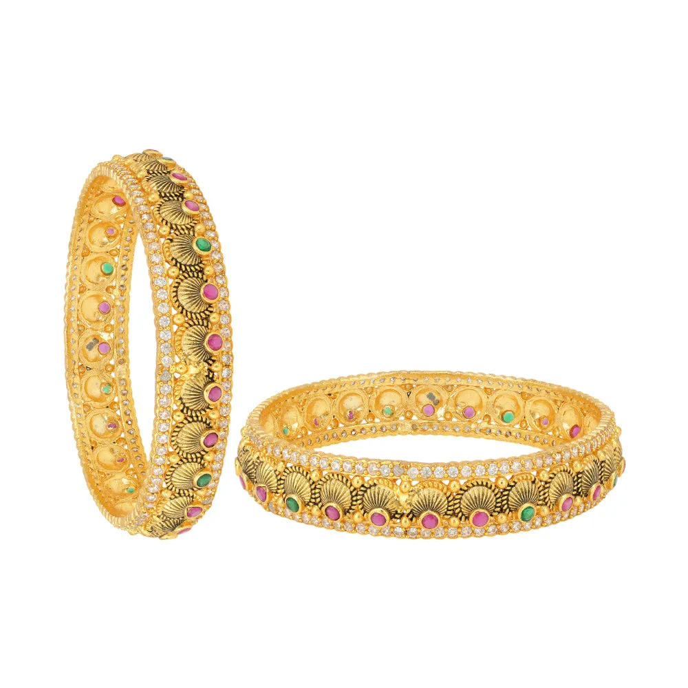 Elegant Pleated 925 Gold Plated Red Green Stones Fusion Bangles