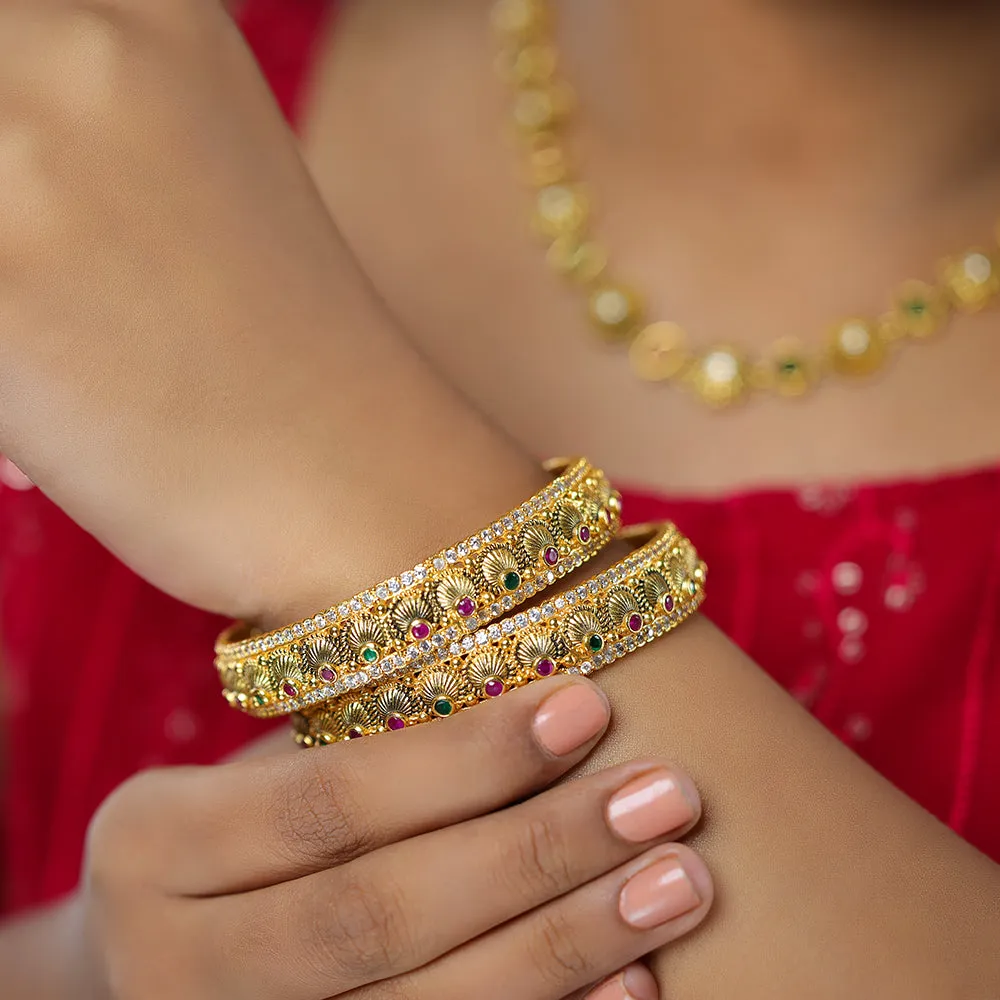 Elegant Pleated 925 Gold Plated Red Green Stones Fusion Bangles