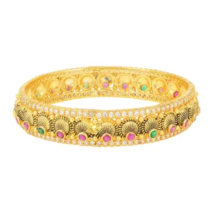 Elegant Pleated 925 Gold Plated Red Green Stones Fusion Bangles
